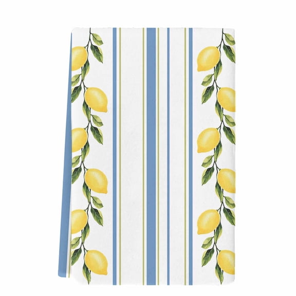 Lemon Striped Microfiber Kitchen Towel, Yellow Fruit Blue White Geometric Soft Absorbent Dish Towels, Quick Drying Washable Dishcloths for Kitchen Cleaning, Drying Dishes, 18x28 Inches