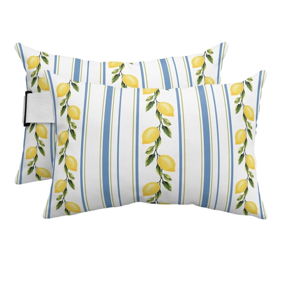 Lemon Striped Outdoor Pillows for Chaise Lounge Chair Beach Headrest Pillow Set of 2 Waterproof Lumbar Pillows with Insert&Strap Yellow Fruit Blue White Geometric Pillow for Patio Pool 12"x20"
