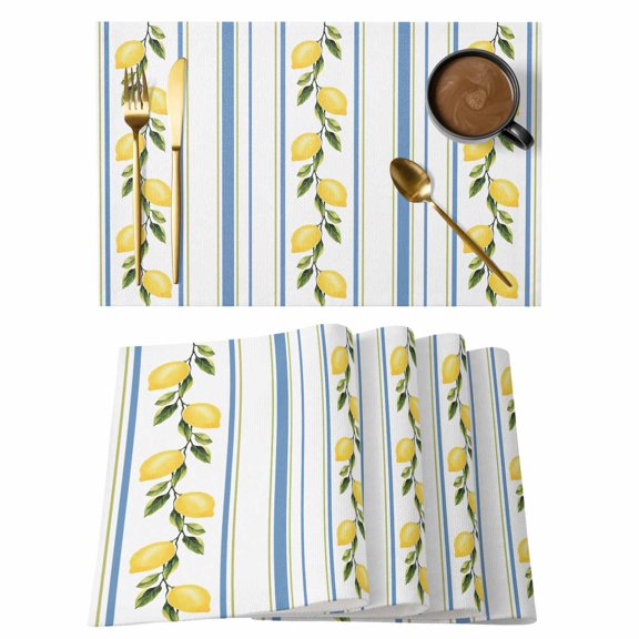 Lemon Striped Placemats Set of 2, Cotton Linen Fabric Place Mats, Yellow Fruit Blue White Geometric Washable Decorative Table Mats Protector for Home Kitchen Dining Wedding Party Coffee Tables