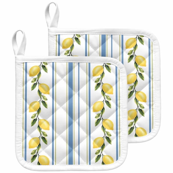 Lemon Striped Pot Holders for Kitchen Heatproof Potholder, 2 Pack Yellow Fruit Blue White Geometric Hot Pads Multipurpose Oven Pads Cloth Potholders Trivet for Cooking and Baking