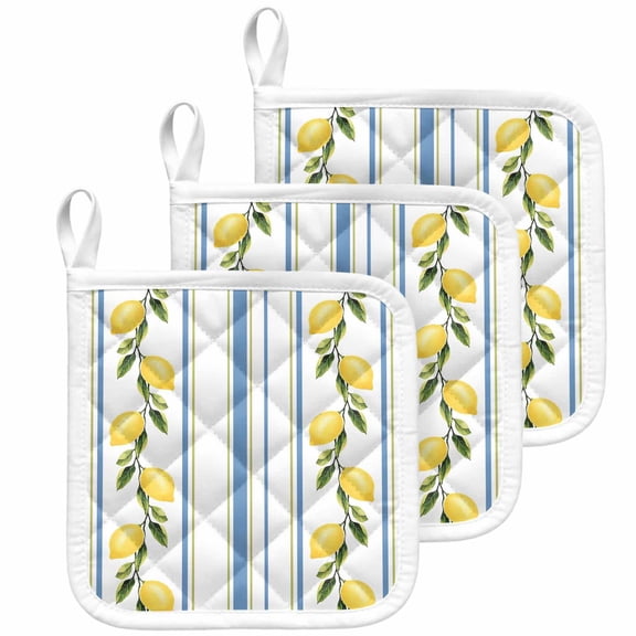 Lemon Striped Pot Holders for Kitchen Heatproof Potholder, 3 Pack Yellow Fruit Blue White Geometric Hot Pads Multipurpose Oven Pads Cloth Potholders Trivet for Cooking Baking