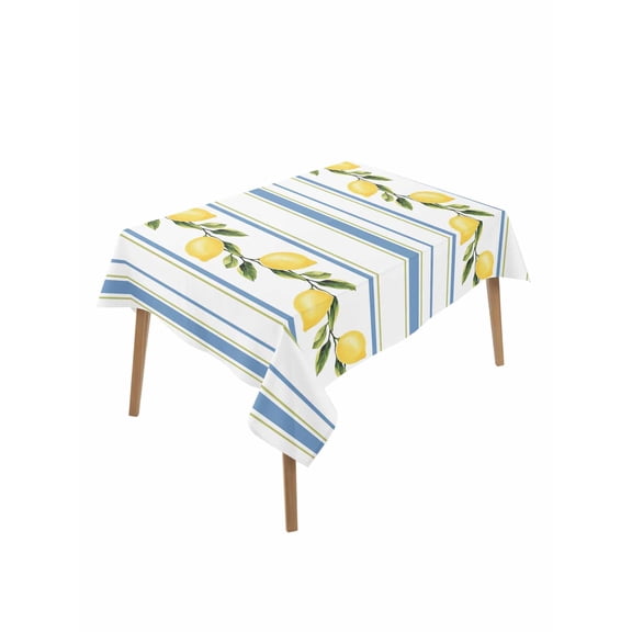 Lemon Striped Rectangle Tablecloth, Yellow Fruit Blue White Geometric Waterproof & StainResistant Tablecloth, Washable Oil-proof Table Cover for Dining/Party/Wedding/Camping/Buffet 52x70 In