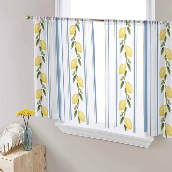 Lemon Striped Sheer Curtains 54 Inch Length 2 Panels Set for Living Room/Bedroom, Yellow Fruit Blue White Geometric Semi Curtain Sheers Drapes Rod Pocket Curtains Window Treatment Set 52''x54''x2