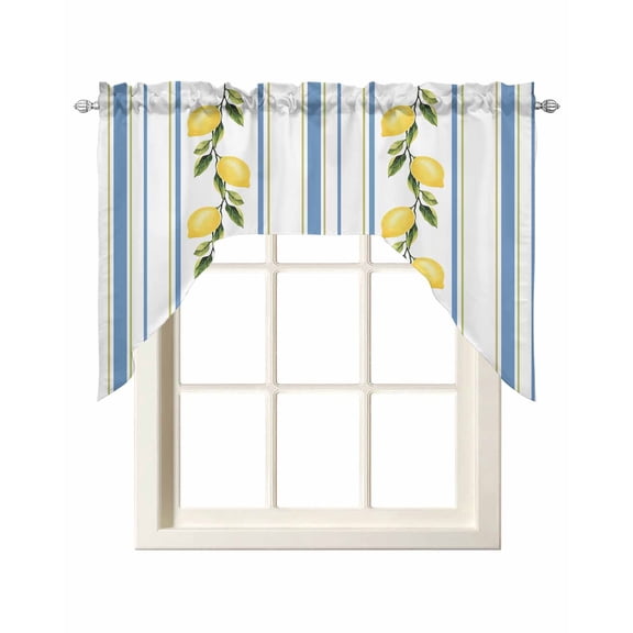 Lemon Striped Swag Valances for Windows, Small Curtains Drapes, Yellow Fruit Blue White Geometric Kitchen Window Curtains Over Sink Rod Pocket Window Treatment Valance for Bedroom/Bathroom 56"x36"