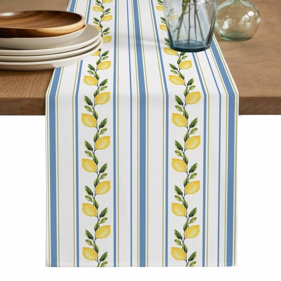 Lemon Striped Table Runner, Yellow Fruit Blue White Geometric Washable Cotton Linen Table Runners 36 Inches Long, Dresser Scarf Runner for Nightstand/End Tables/Round Tables 13''x36''