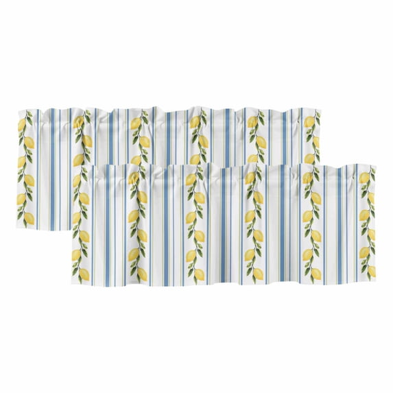 Lemon Striped Valances for Windows, Yellow Fruit Blue White Geometric Light Filtering Kitchen Curtains, Rod Pocket Window Valance Curtains for Living Room Bedroom, 42" W x 12" L, 2 Panels