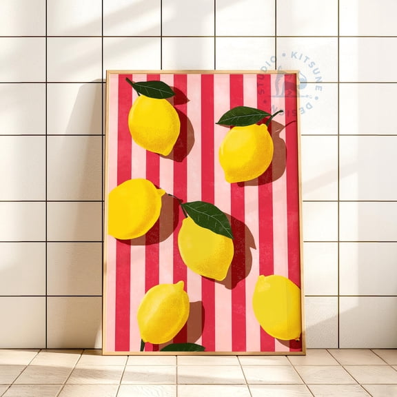 Lemon Stripes Kitchen Art Modern Citrus Decor, Stretched Canvas Size 8x12