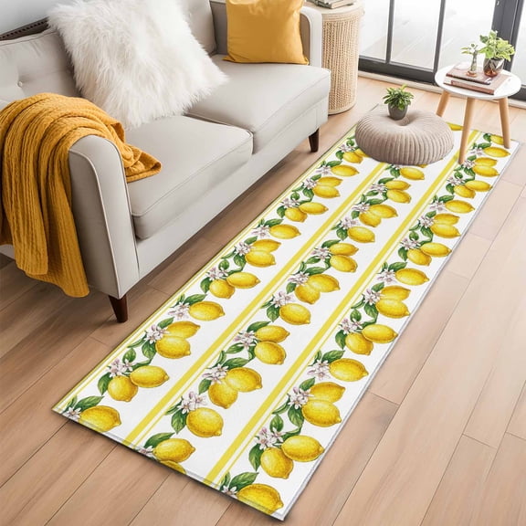 Lemon Summer 2'x6' Runner Rugs for Hallway Kitchen Bedside Non Slip Washable, Watercolor Fruits Yellow Stripes Entryway Rug Runners with Rubber Backing, Long Carpet Runner for Laundry Room