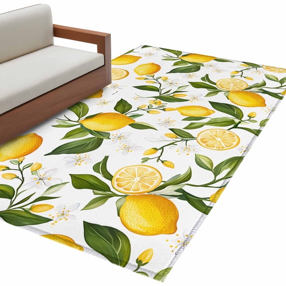 Lemon Summer Area Rug 4x6ft Floral Lemon Yellow Green Non-Slip Washable Square Rugs Soft Felt Indoor Floor Mat for Bedroom Kitchen Living Room Bathroom