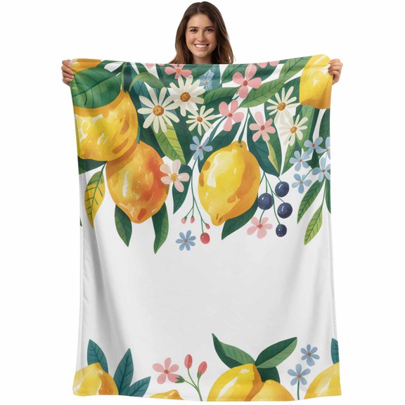 Lemon Summer Blanket Soft Cozy Warm Throw Blanket for Couch, Plush Fuzzy Flannel Fleece Blankets for Sofa, Vintage Yellow Fruit Botanical Berries Bed Blankets Lightweight Gifts for Women, 30"x40"