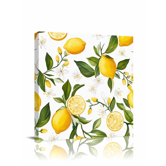 Lemon Summer Canvas Wall Art, Floral Lemon Yellow Green Framed Wall Decor Modern Artwork Prints Painting for Living Room, Bedroom, Kitchen & Cafe Decor 20x20 Inch