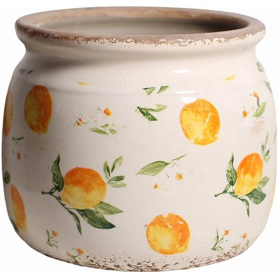 Lemon Summer Decor Plant Pot, 6 Inch Vintage Ceramic Planter with Drainage for Indoor Plants, Rustic Lemons Vase for Centerpieces, Mediterranean Kitchen Home Decor, Yellow Gifts for Gardening