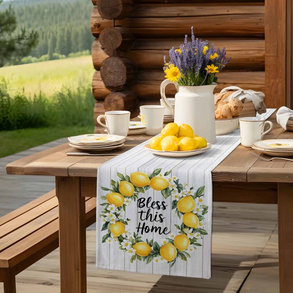 Lemon Summer Flower Watercolor Table Runner 13x36in Non-Slip Cotton Linen Table Runners, Bless Home Quote Farm Wood Grain Dresser Scarves TableRunner for Dinner Kitchen Dining Wedding Party