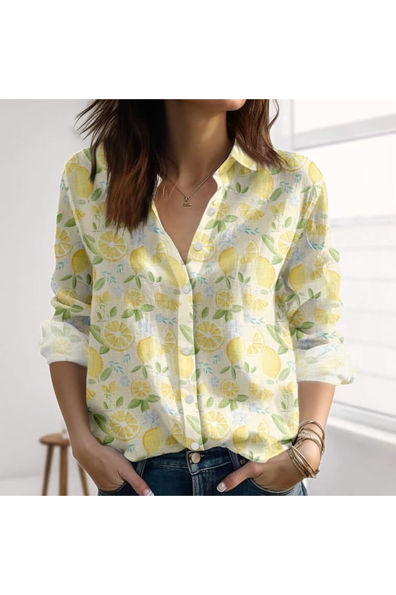 Lemon Summer Linen-Look Shirt, Yellow Citrus Shirt For Women, Cute Fruit Blouse Shirt, Girly Button Down Shirt, Nature Love Gift For Her