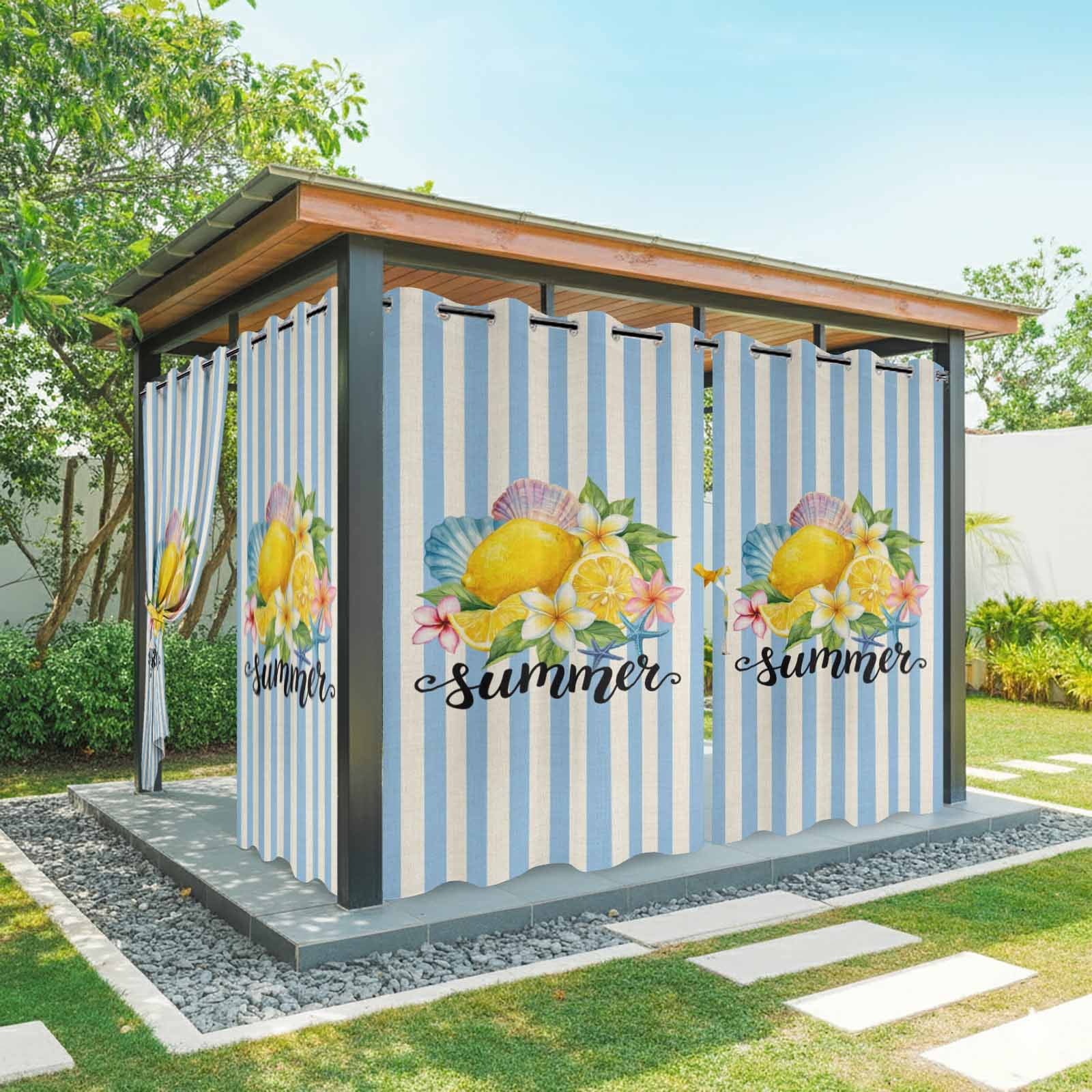 Lemon Summer Outdoor Curtains for Patio, Fruit Starfish Shell Blue Stripes Retro Sunshade Privacy Drapes Grommet Waterproof Outside Curtains for Porch/Cabana/Balcony 54"x 108", 1 Panel