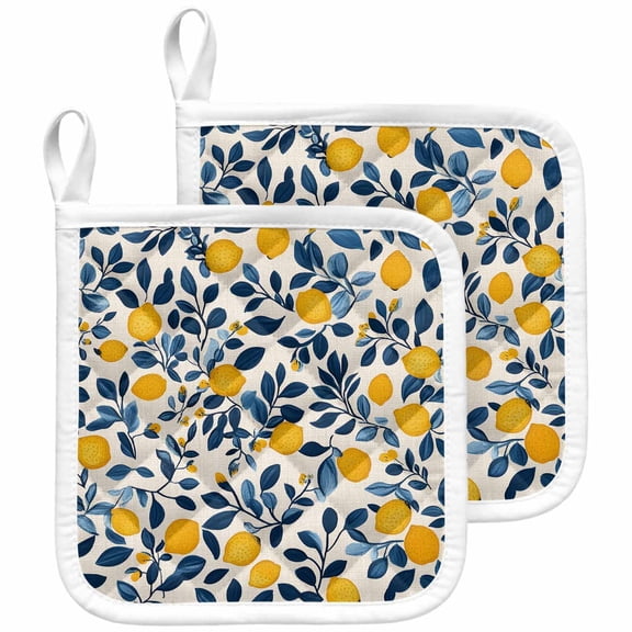 Lemon Summer Pot Holders for Kitchen Heatproof Potholder, 2 Pack Spring Pastoral Watercolor Fruit Leaf Hot Pads Multipurpose Oven Pads Cloth Potholders Trivet for Cooking and Baking