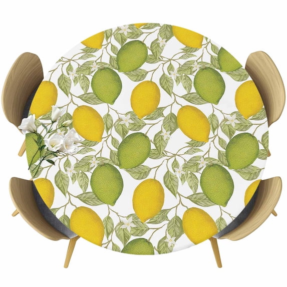 Lemon Summer Round Fitted Table Cover Plant Leaves Waterproof Table Cloth with Elastic Edge Wipeable Tablecloth for Picnic Camping Party Fits 36"-44" Diameter