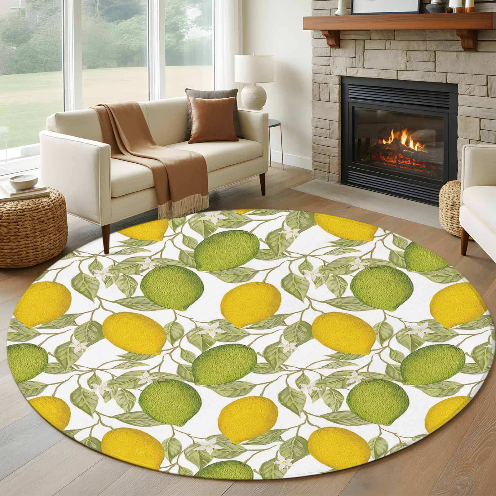 Simple Lemon Rug Lemon Summer Round Rugs for Living Room 6ft Plant Leaves Non Slip ...