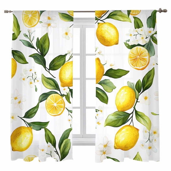Lemon Summer Sheer Curtains 63 inches Long 2 Panels Set Floral Lemon Yellow Green Sheer Window Curtain Rod Pocket Voile Drapes for Living Room/Bedroom, Each 52" W x 63" L