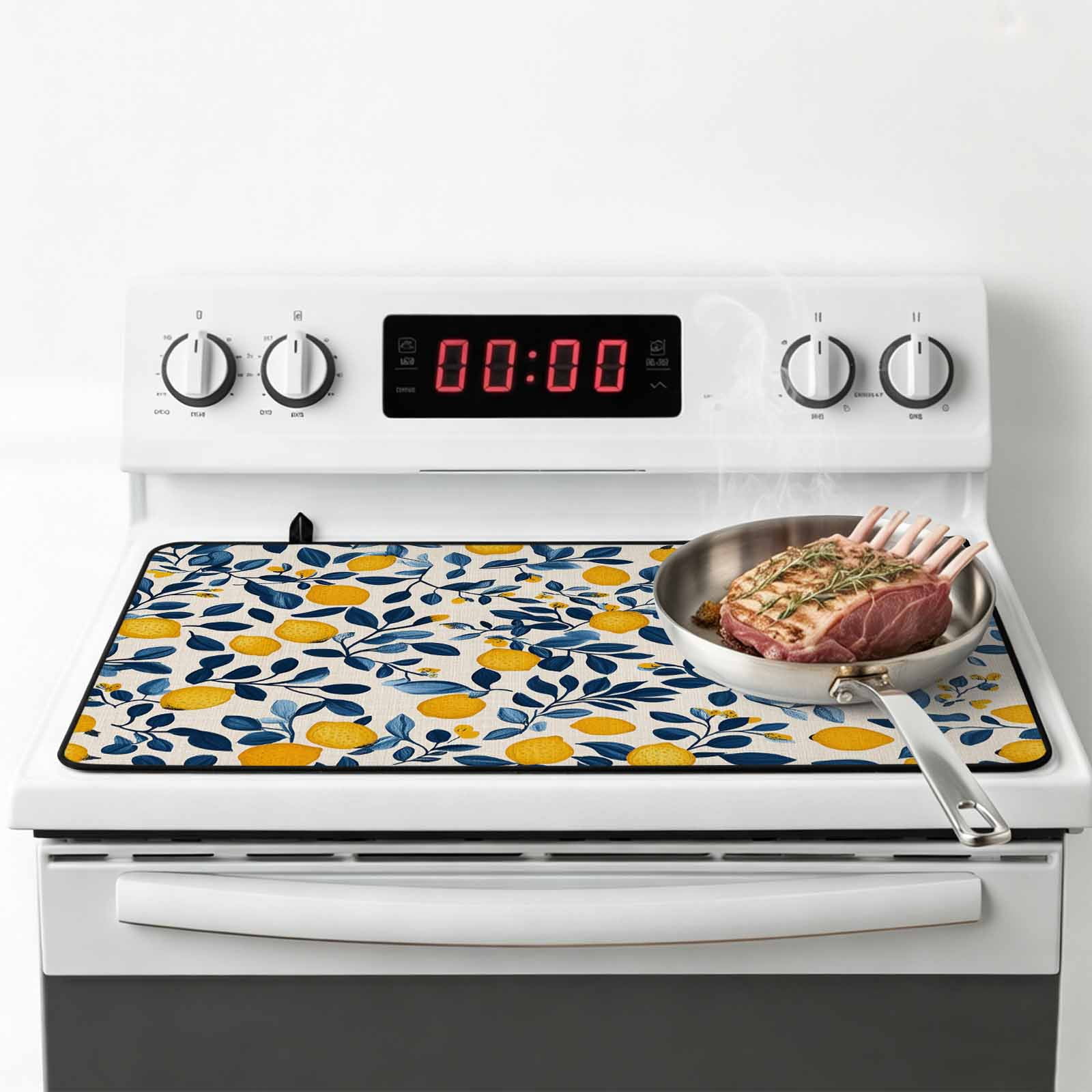 Lemon Summer Stove Top Cover for Electric Stove, Heat-proof & Non Slip Glass Top Stove Cover Protector, Spring Pastoral Watercolor Fruit Leaf Kitchen Flat Cooktop Rubber Mat 24x21 Inches