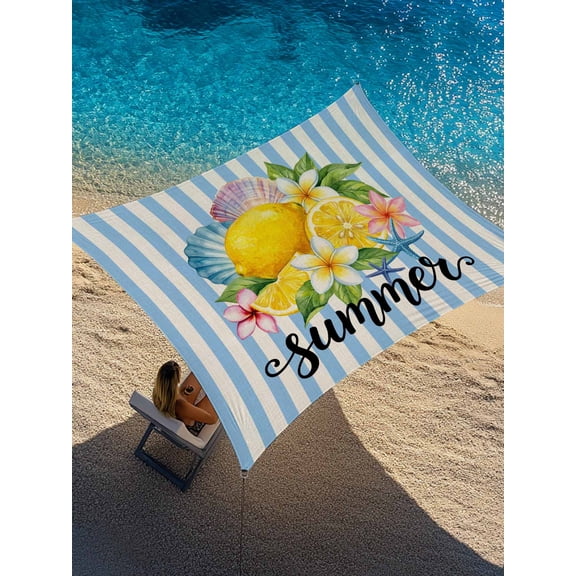 Lemon Summer Sun Shade Sail 8' x 10', Fruit Starfish Shell Blue Stripes Retro Rectangle Outdoor Sunshade Canopy, Waterproof UV Block Patio Covers for Garden Yard Beach