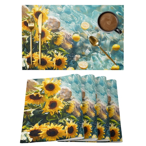 Lemon Sunflower in Water Cotton Linen Placemats Set of 1, Lake Washable Table Place Mats Heat Insulating Placemat for Dining Room Kitchen Daily Use 13 x 19 Inch