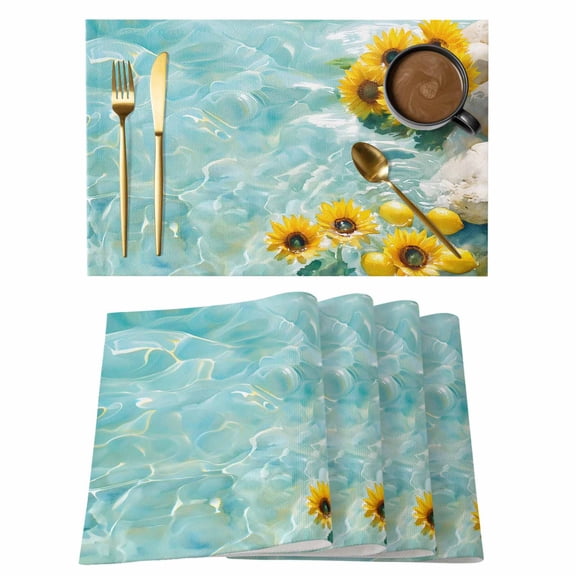 Lemon Sunflower in Water Cotton Linen Placemats Set of 1, Summer Lake Washable Table Place Mats Heat Insulating Placemat for Dining Room Kitchen Daily Use 13 x 19 Inch