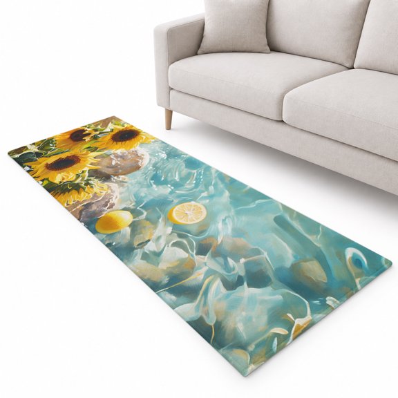 Lemon Sunflower in Water Runner Rug 2.6'x12', Lake Runner Rug Mat Non-Slip Backing Machine Washable Area Rugs for Extra-Long Hallway Kitchen