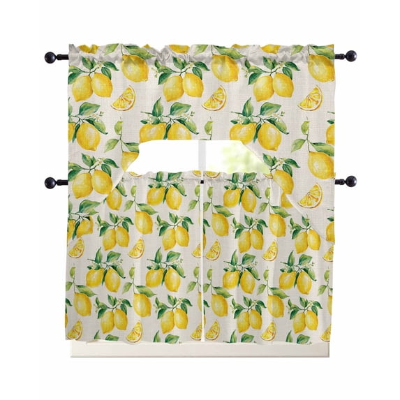 Lemon Swag Kitchen Curtains Sets for Windows 24 Inch Length, Farmhouse Fruit Rustic Country Summer Plant Short Window Curtain Panels Swags Valances and Tiers 3 Piece Set for Cafe/Dining Room