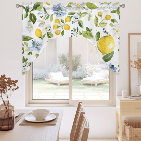 Lemon with Swag Valance for Windows, Green Leaf Blooming Floral Botanical Farm Country Swag Curtains Valances for Small Window Treatment Rod Pocket for Kitchen Bathroom 1 Panel 56x36in