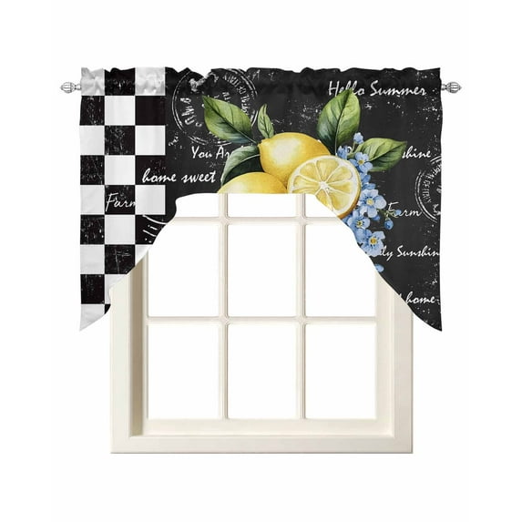 Lemon Swag Valances for Windows, Small Curtains Drapes, Spring Summer Black White Checkered Plaid Kitchen Window Curtains Over Sink Rod Pocket Window Treatment Valance for Bedroom/Bathroom 56"x36"