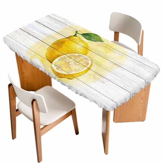Lemon Table Cloths for 4 Foot Rectangle Tables, Yellow Summer Botanical Watercolor Wooden Patio Waterproof Elastic Fitted Tablecloths, Washable Rectangular Table Cover for Camping