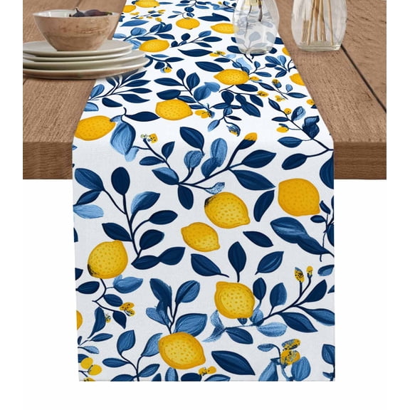 Lemon Table Runner 48 Inches, Fruit Leaf Branch Summer Spring Pastoral Bed Runner Dresser Scarves Tabletop for Indoor Outdoor Parties/Ceremony/Banquet, 13" x 48"