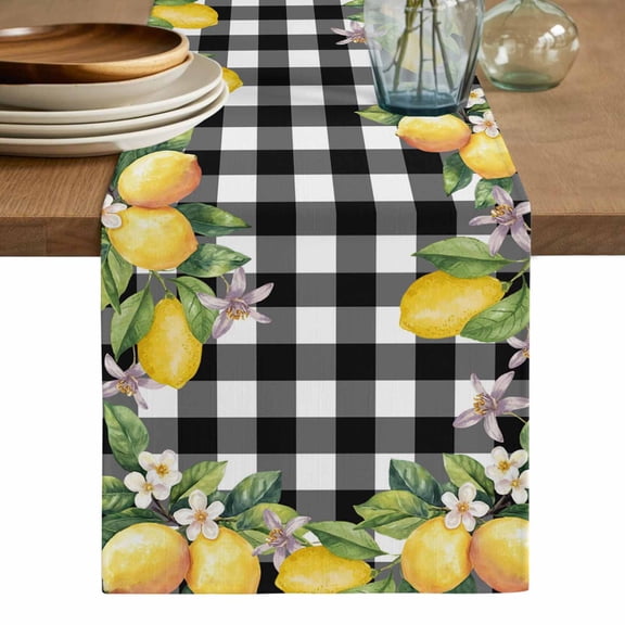 Lemon Table Runner, Black Plaid Check Yellow Fruit Flower Floral Washable Cotton Linen Table Runners 72 Inches Long, Dresser Scarf Runner for Dining/Coffee/Kitchen/TV Stands/Cabinets 13''x72''