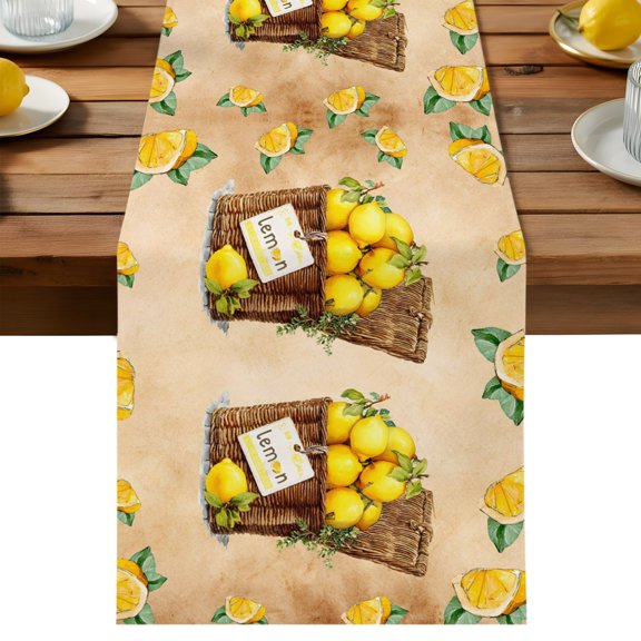 Lemon Table Runner Dresser Scarves, Lemons in Baskets Summer Tropical Plant Brown Table Runners 36 Inches Long,Non-Slip Washable Kitchen Dining Coffee Table Decor for Farmhouse Party Holiday Dinner