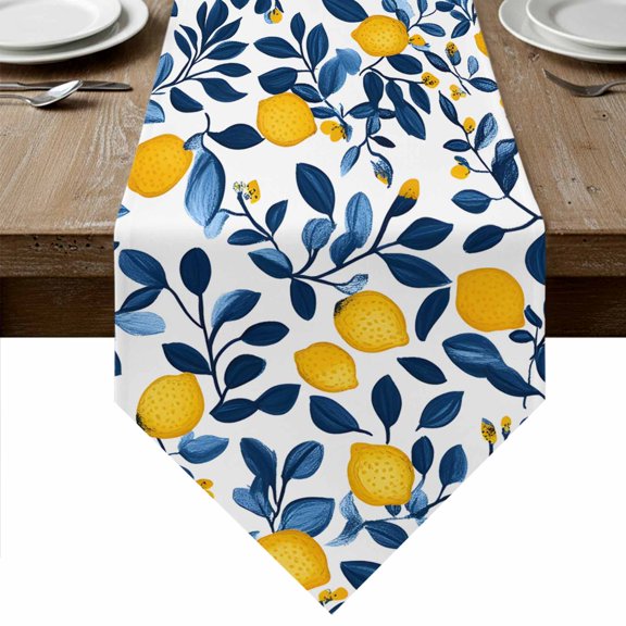 Lemon Table Runner Linen Burlap Table Runner 36 Inches Small Fruit Leaf Branch Summer Spring Pastoral Dresser Scarves for Kitchen Island Coffee Dining Room Party Wedding Banquet Holiday Decor 13"x36"