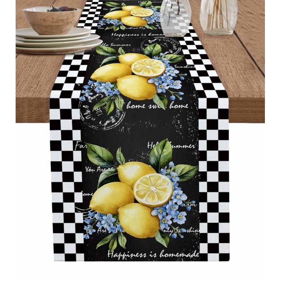 Lemon Table Runner Spring Summer Black White Checkered Plaid Tablerunners 13 x 60 Inch, Table Decorations Tabletop Scarf for Summer Gathering Holiday Farmhouse Kitchen Dining Decor