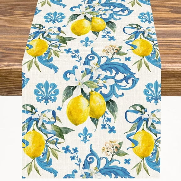 Lemon Table Runner Summer Blue Tiles Lemons Italian Lemons Kitchen Dinner Runner for Indoor Home Living Room Party Dining Table Decoration 13"x36"