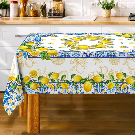 Lemon Tablecloth 60 x 102 Inch Rectangle, Yellow and Blue Mediterranean Summer Decor Tile Flower Pattern Table Cloth Italian Themed Decor for Party Oblong Table Cover for Dining Room