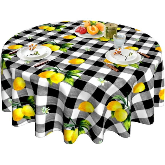 Lemon Tablecloth Black and White Buffalo Plaid Tablecloth Washable Reusable Fruit Table Cloth Round Tablecloth 60 Inch, for Parties Picnic Dining Room Table Decor