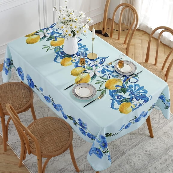 Lemon Tablecloth Rectangle 60 x 102 Inch, Waterproof Machine Washable Fabric Table Cloth, Floral Table Cover for Summer/Party/Indoor/Outdoor, Blue