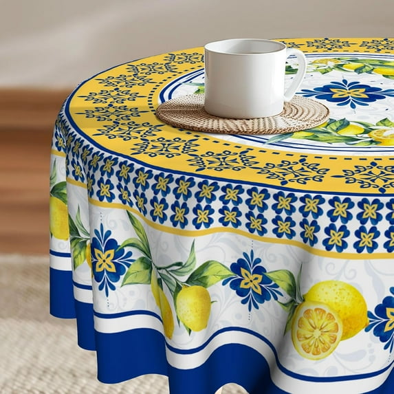 Lemon Tablecloth Round 60 Inch Yellow Blue Washable Waterproof Tablecover Wrinkle Free Table Cloths for Party Holiday Kitchen Dinner Decor