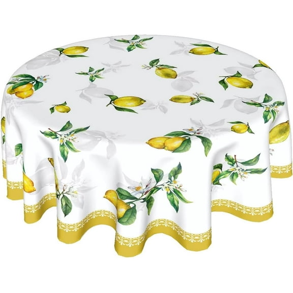 Lemon Tablecloth Round 60 Inch Yellow Lemonade Table Cloths Polyester Fabric Watercolor Summer Flowers Leaf Table Cover Outdoor Dining Table Cloth for Kitchen Dining Room Picnic Party Summer Outdoor