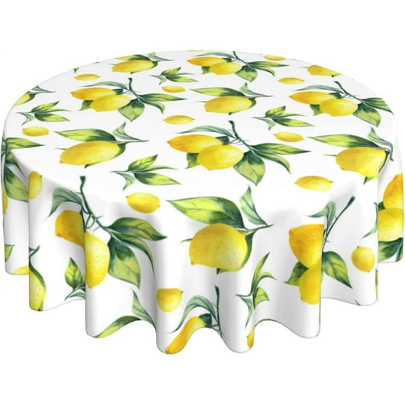Lemon Tablecloth Round 60 Inches for Spring Summer Yellow Lemon Table Cloth Polyester Anti-Wrinkle Washable Circle Table Cover for Kitchen Dining Room Picnic Patio Wedding Party