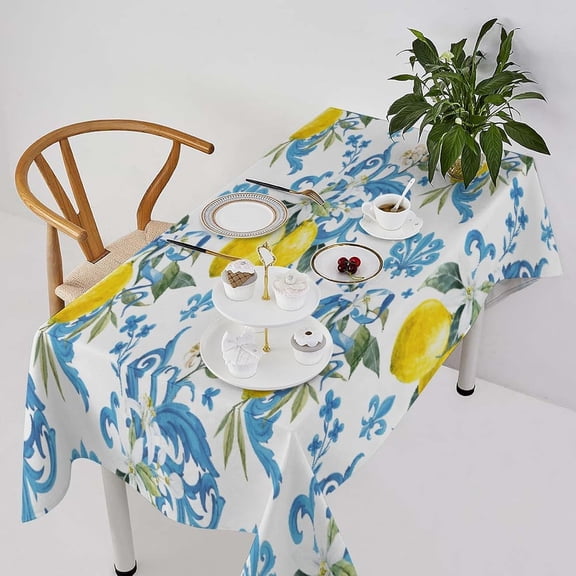 Lemon Tablecloth, Spring Summer Lemon Rustic Farmhouse Vintage Teal Flower Botanical Plant Table Cover for Home Kitchen Dining Room Party Picnic Decor 60x102in
