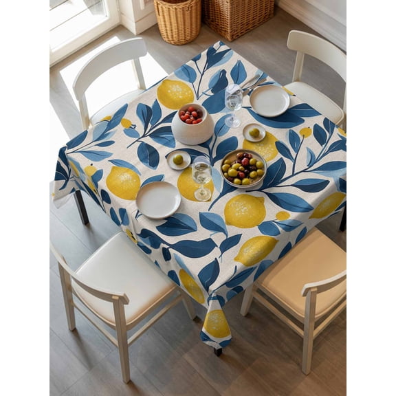 Lemon Tablecloth Square Table Cloth 54x54, Waterproof Outdoor Table Cloth Covers Decorative Table Protector, Watercolor Yellow Blue Fruit Branch Flower Washable Table Cover for Kitchen Dinning Party