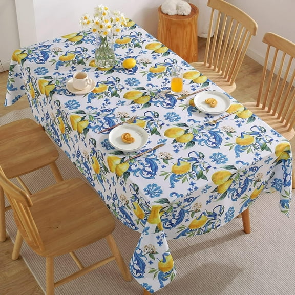 Lemon Tablecloth, Washable Summer Table Cloth Printed with Lemons Flower Waterproof Spillproof Polyester Table Cover for Dinner Table Holiday Decoration (Rectangle, 60" x 102")