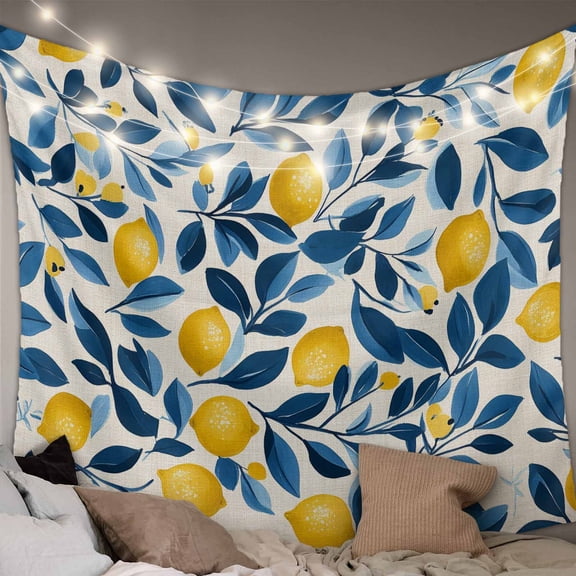 Lemon Tapestry for Bedroom Wall Hanging Tapestry, Watercolor Yellow Blue Fruit Branch Flower Ceiling Backdrop Tapestries Poster Blanket Wall Decor for Teens Room Living Room Dorm 59" x 79"