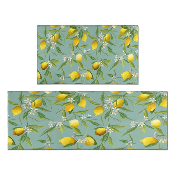 Lemon Teal Kitchen Rugs and Mats Sets Of 2,Kitchen Decoration Rugs,Rubber Backing Non-Slip Floor Mat for Sink Washable Waterproof Laundry Room Runner Rugs
