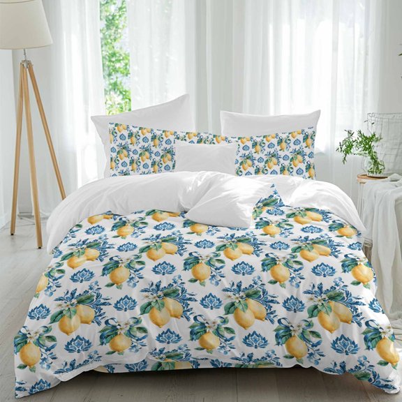 Lemon Texture Queen Size Comforter Set, Watercolor Fruit Blue Foral Bedding for All Seasons, 4 Pcs Bed Set, 1Quiltcover (90"x92") ,1Sheet(94"x116"), 2Pillowcases (30"x20")